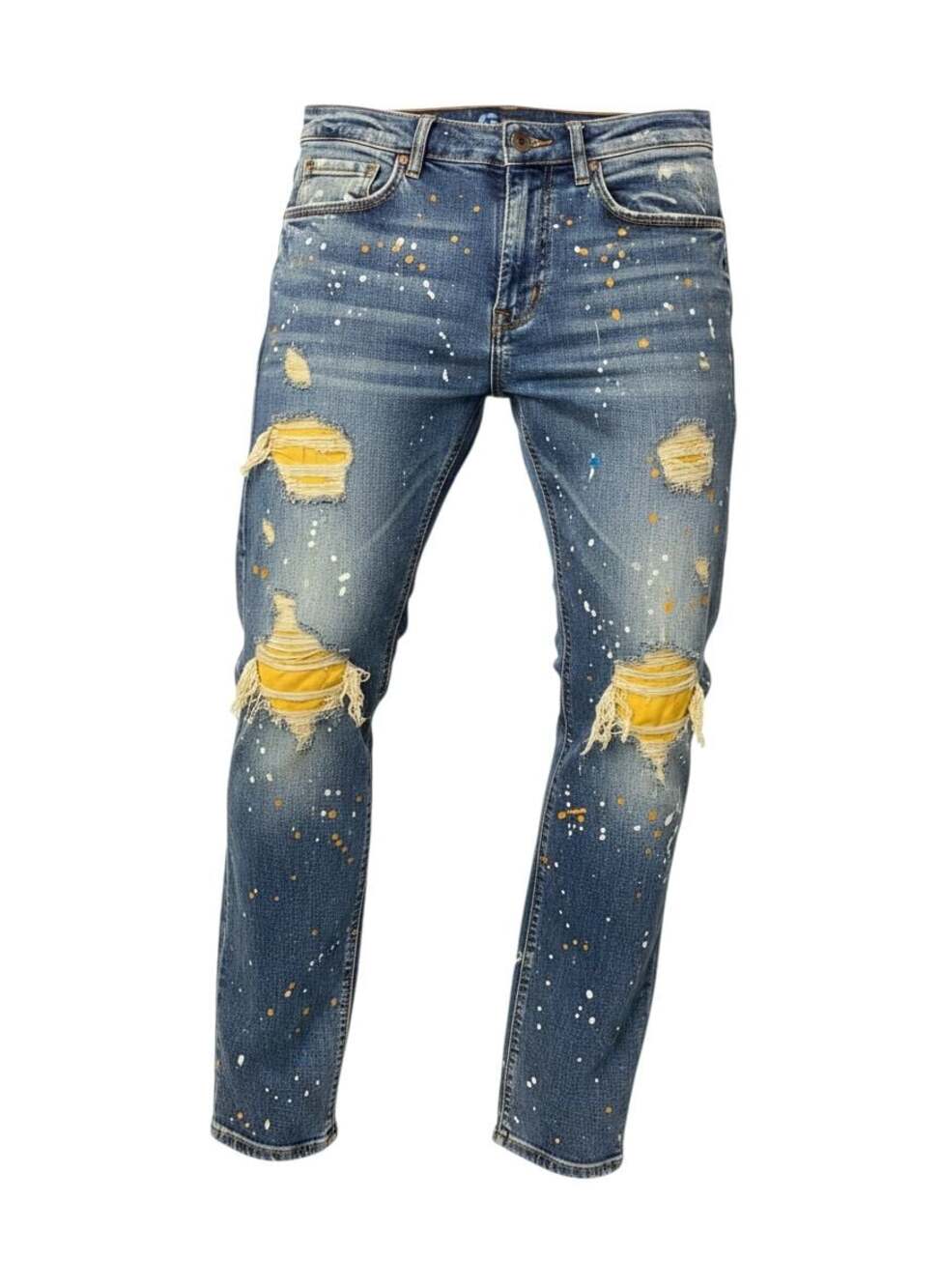 Regal Exchange Distressed Paint Splatter Slim Fit Jeans with Yellow Backing